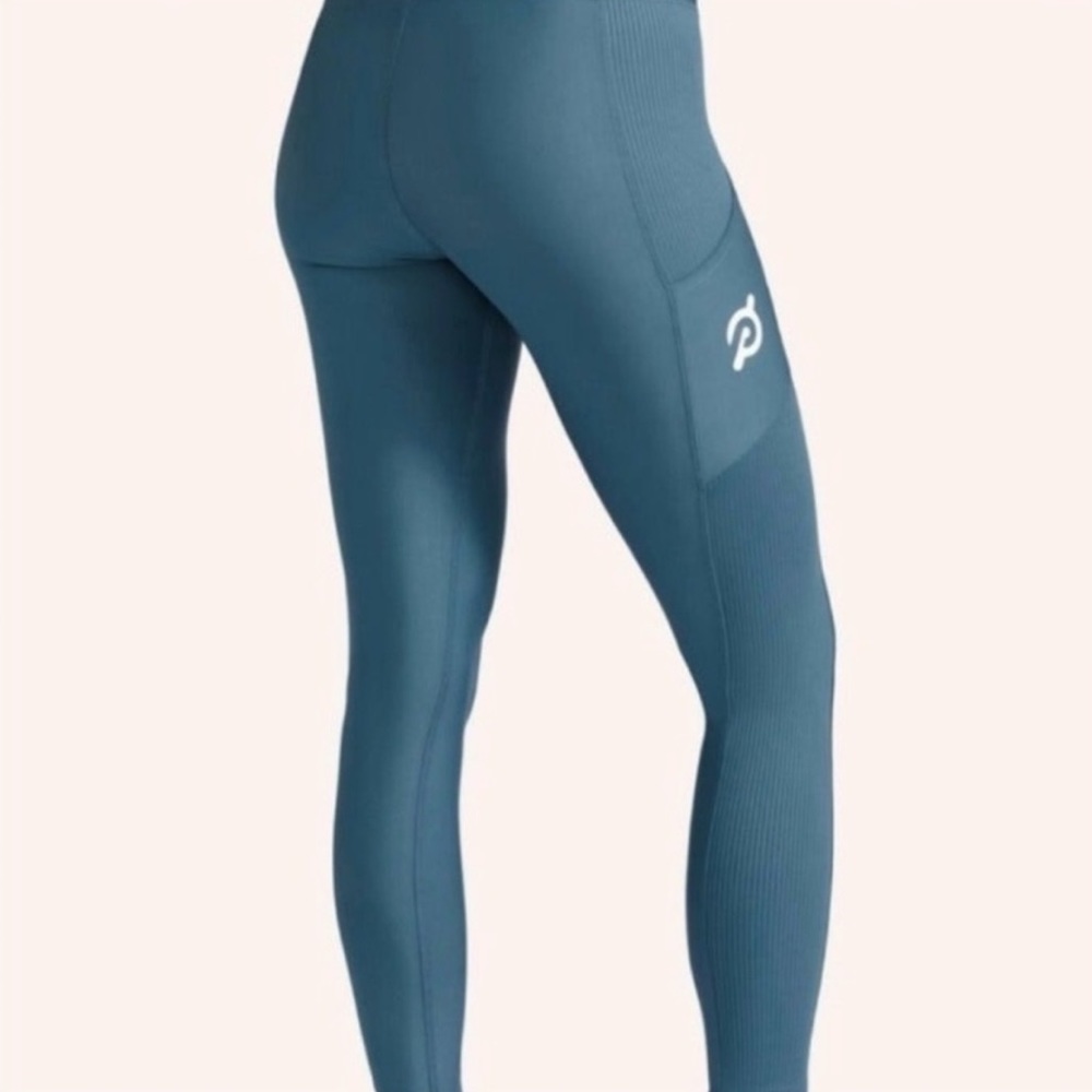 Peloton Show Up High Rise Pocket Leggings Medium Teal Blue Logo Cycling Spin Gym